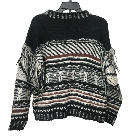 Cliche Woven Fringe black brown Earth tones Knit Sweater top size L - Picture 3 of 6